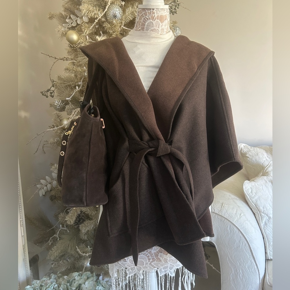 NWOT  Rachel Zoe Brown Hooded Wrap Coat - Picture 4 of 16
